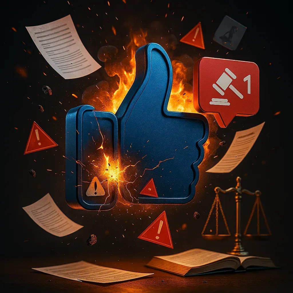 Riscos Jurídicos de Campanhas Polêmicas nas Redes Um sinal de positivo está cercado por papéis e o martelo de um juiz.