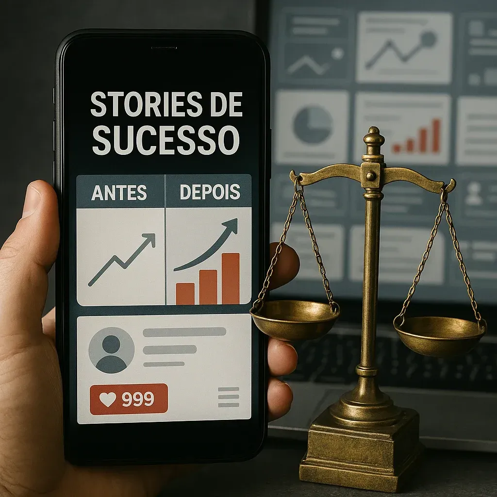 Uma pessoa está segurando um celular que diz histórias de sucesso
