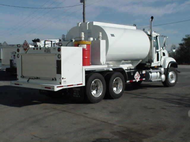 A white tanker truck is parked in a parking lot