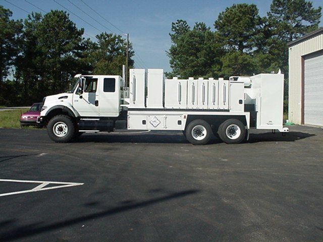 A white truck is parked in a parking lot
