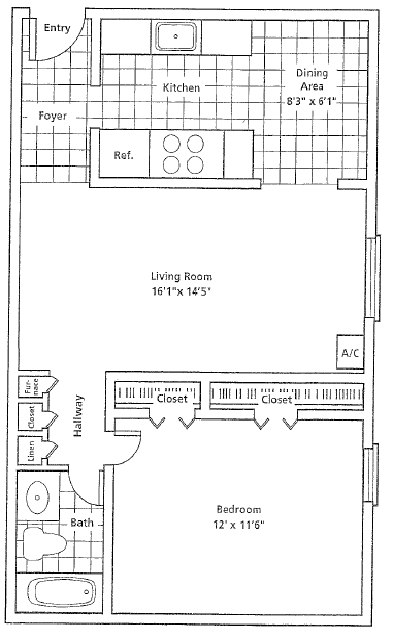 Floor Plan: 1 Bed · 1 Bath