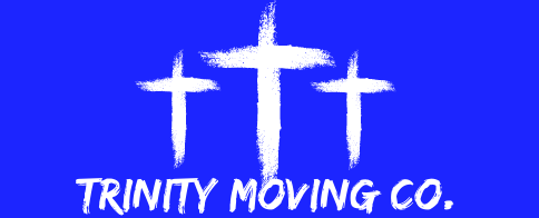 A blue background with three white crosses and the words trinity moving co.