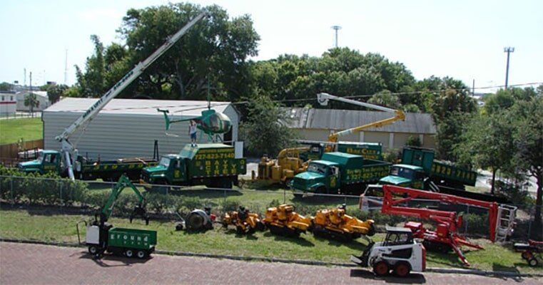A collection of green trucks, including a crane truck and bucket trucks, and other equipment on a grassy area.