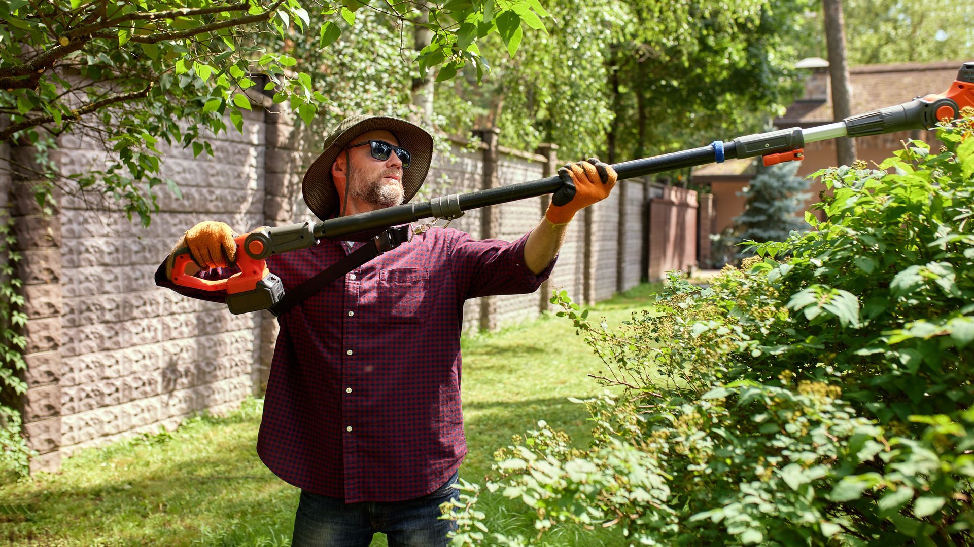 A professional tree care worker trimming branches with a pole saw in a residential yard.