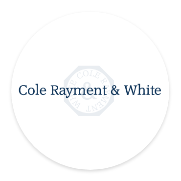 The cole rayment & white logo is on a white circle