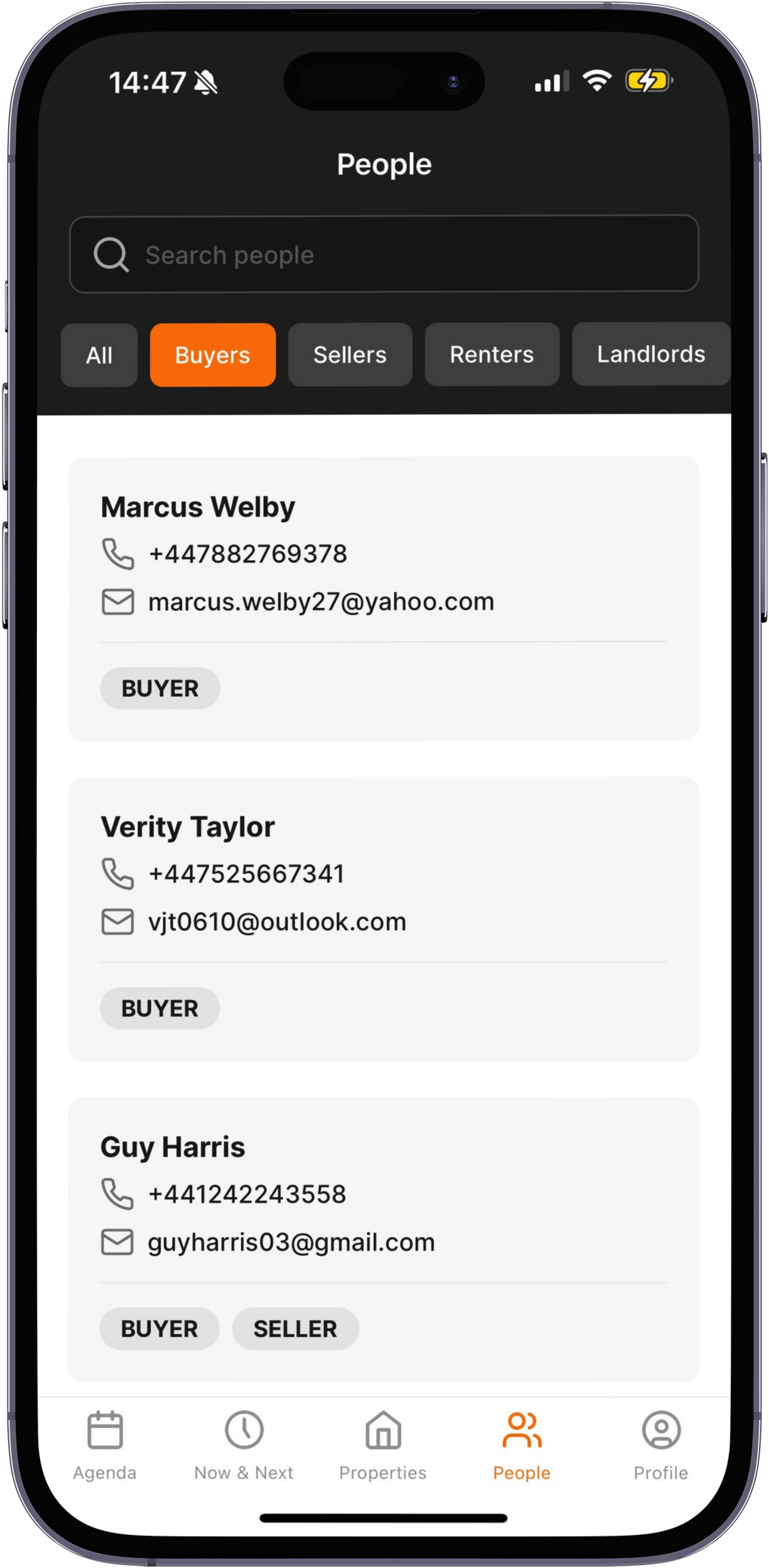 A phone screen shows a list of people and their contact information.