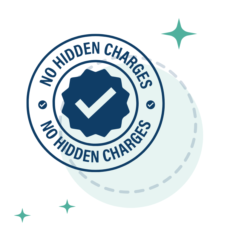 A no hidden charges stamp with a check mark in the center.