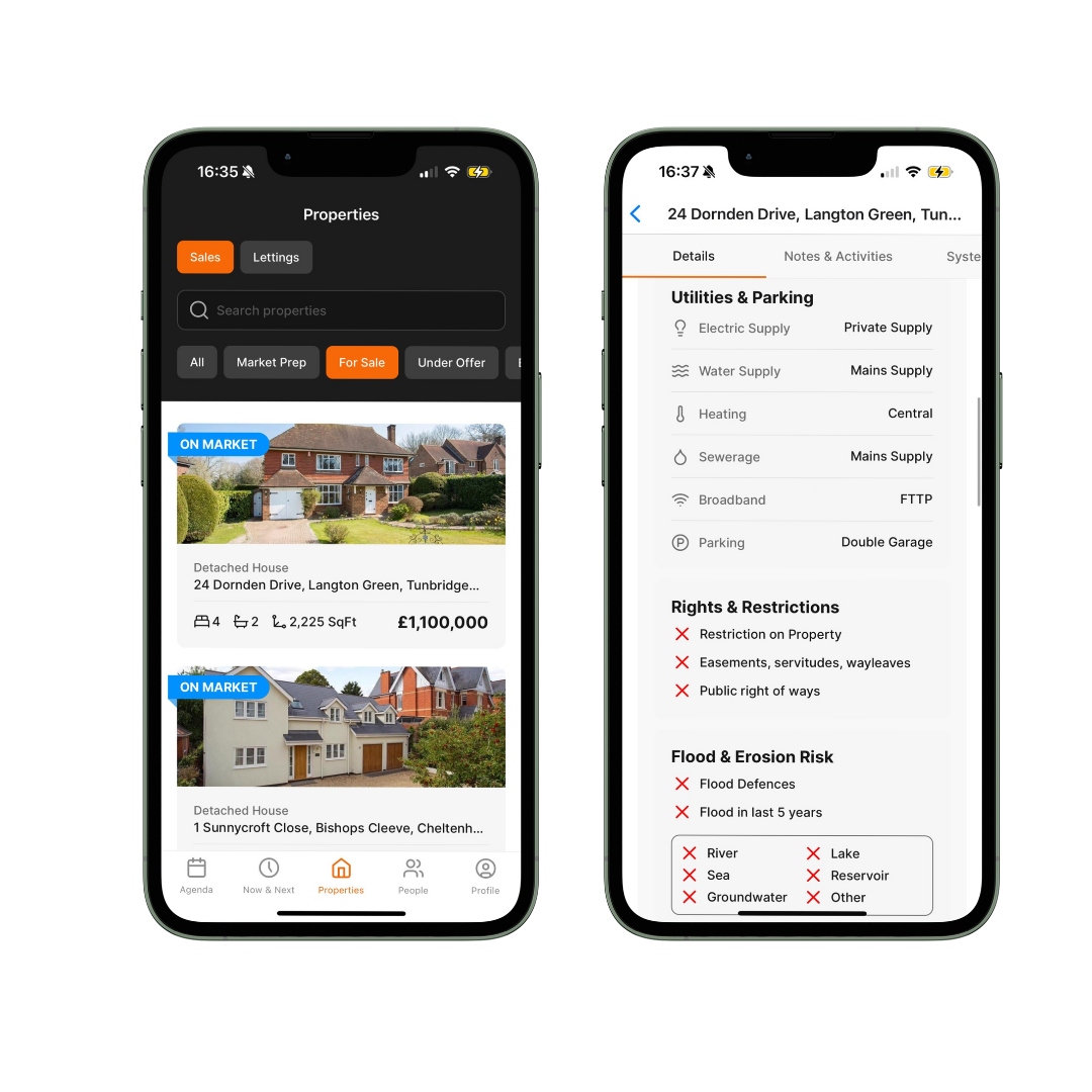 A cell phone is displaying a property listing on a website.