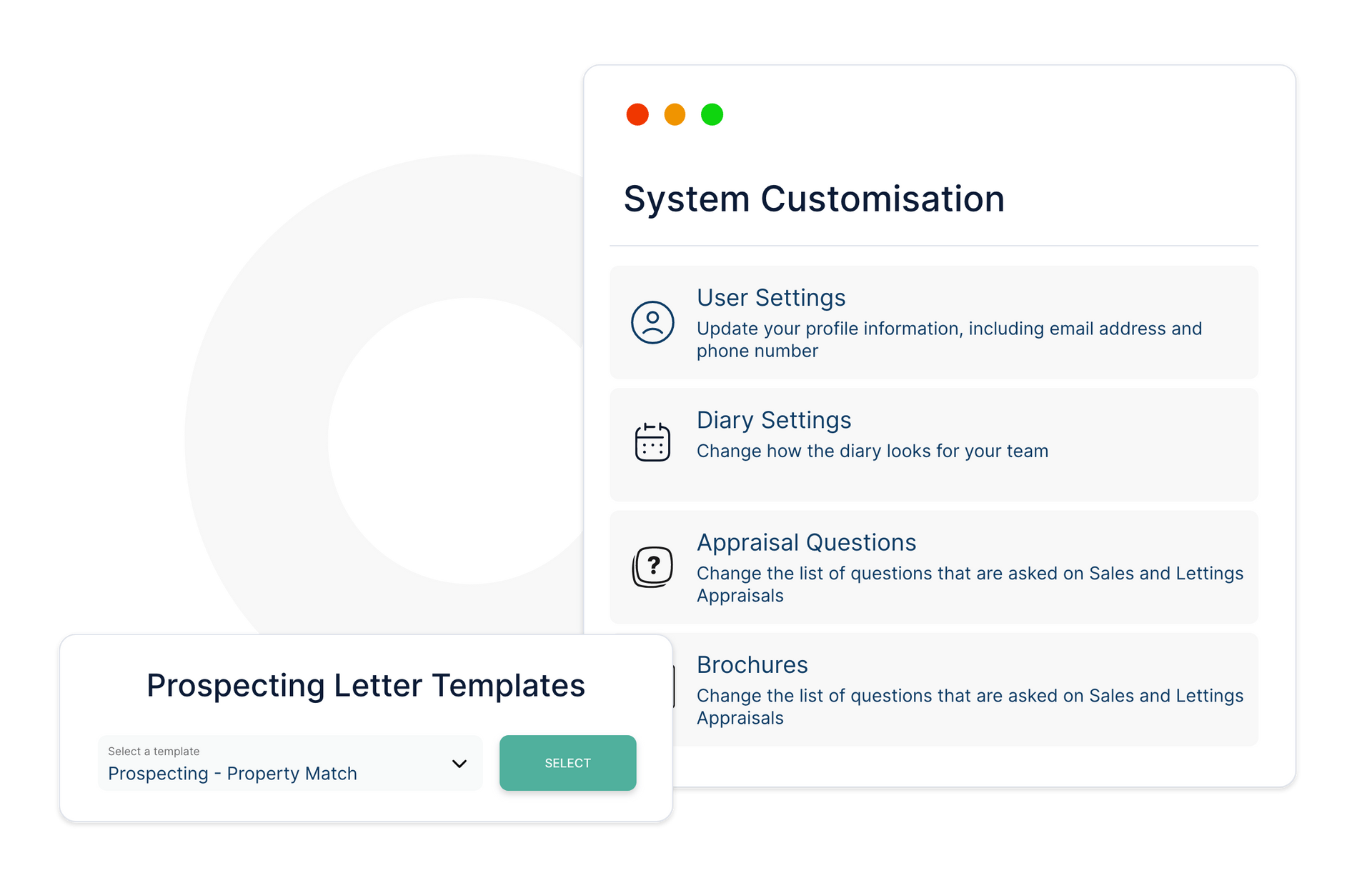 A screenshot of a system customisation page for prospecting letter templates.