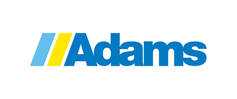 The adams logo is blue and yellow on a white background.