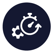An icon of a stopwatch and gears in a circle.