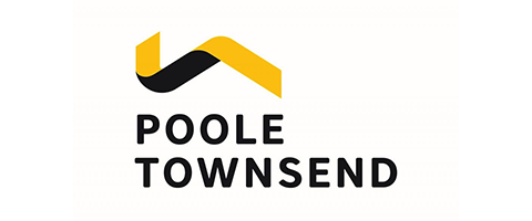 A logo for poole townsend with a yellow and black arrow.