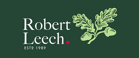 A green logo for robert leech with oak leaves and acorns