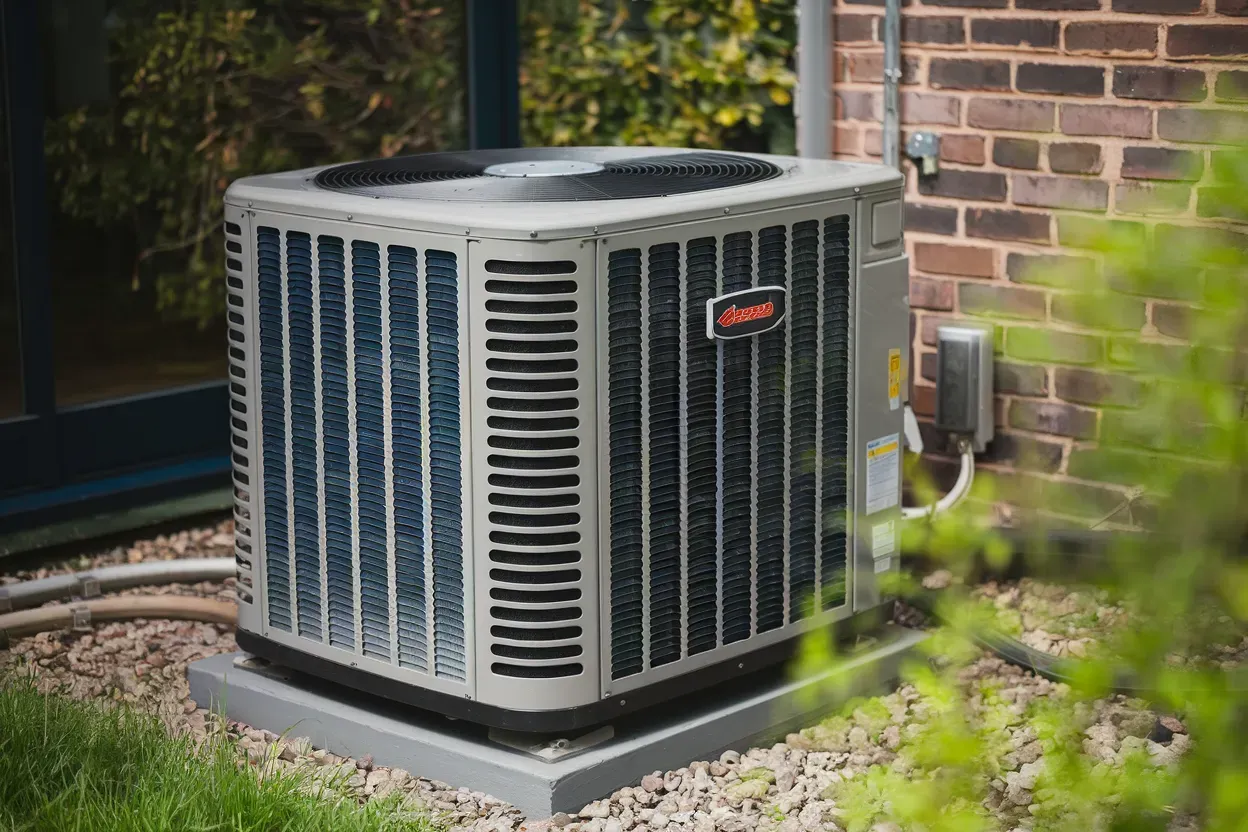 A large air conditioner is sitting outside of a brick building.