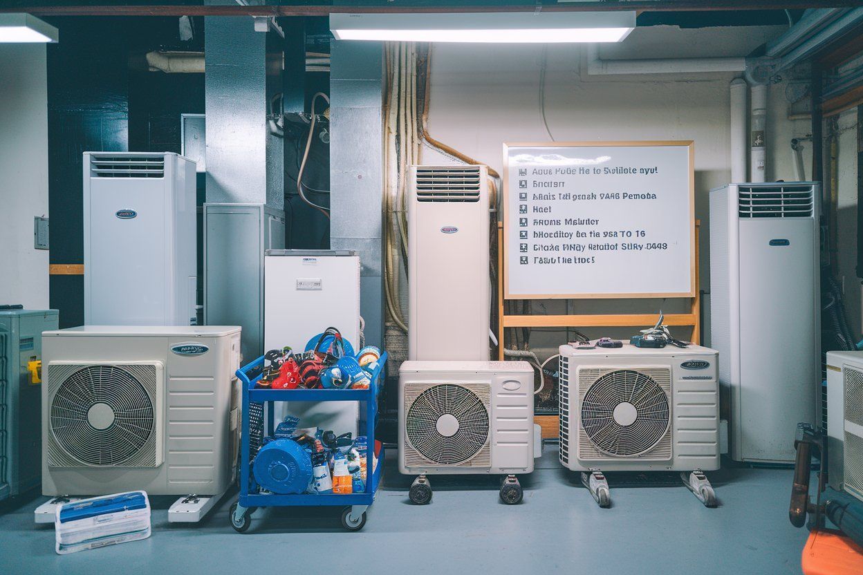 A bunch of air conditioners are sitting on the floor in a room.