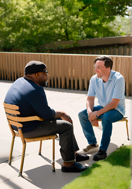 Two men are sitting in chairs talking to each other on a patio.