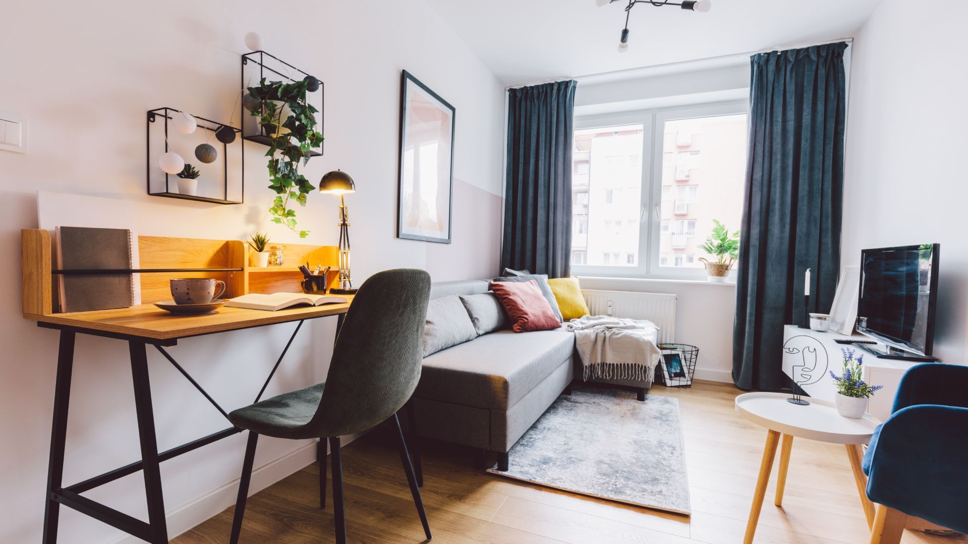 A living room with a couch , desk , chair and television.