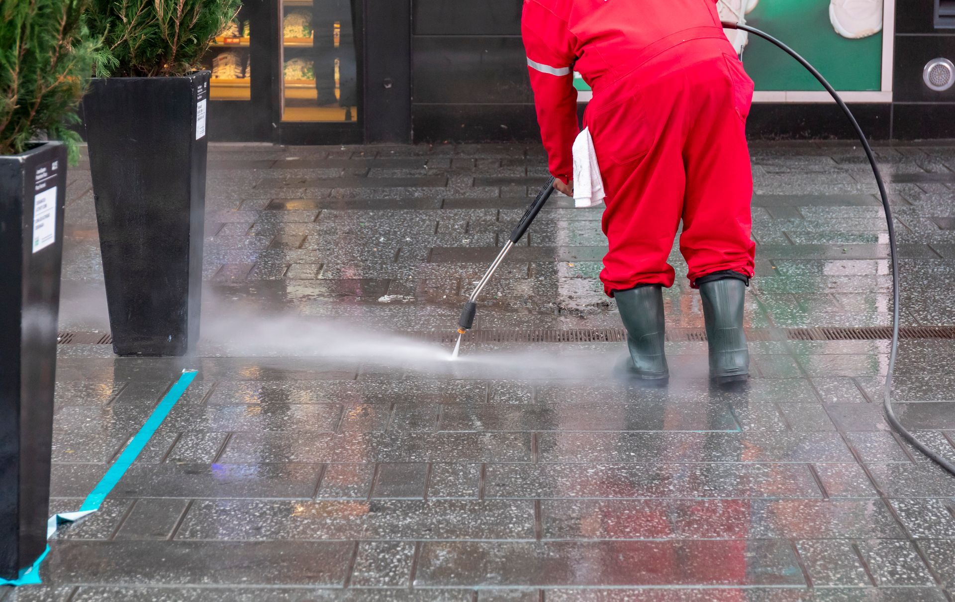 Person in red coveralls power washing a city sidewalk.