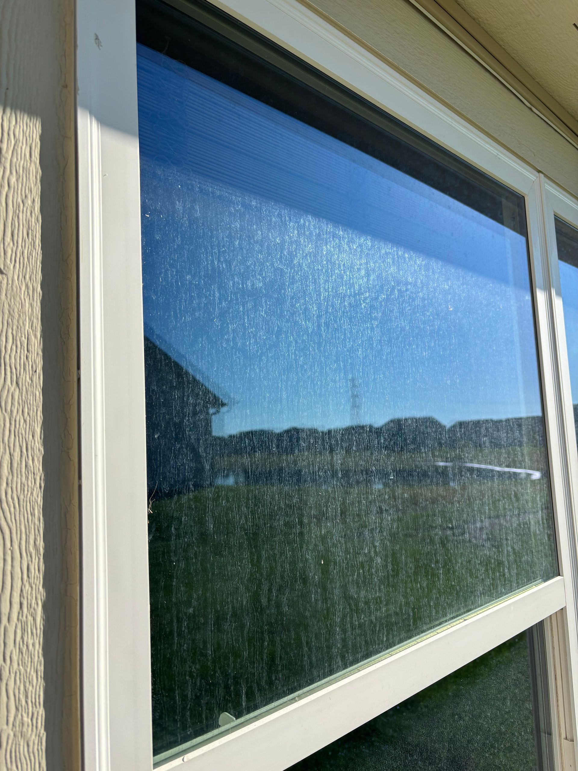 White-framed window with a blurry view of a grassy field and houses against a blue sky, reflecting a speckled appearance.