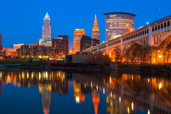 Downtown Cleveland viewed from the river at night.