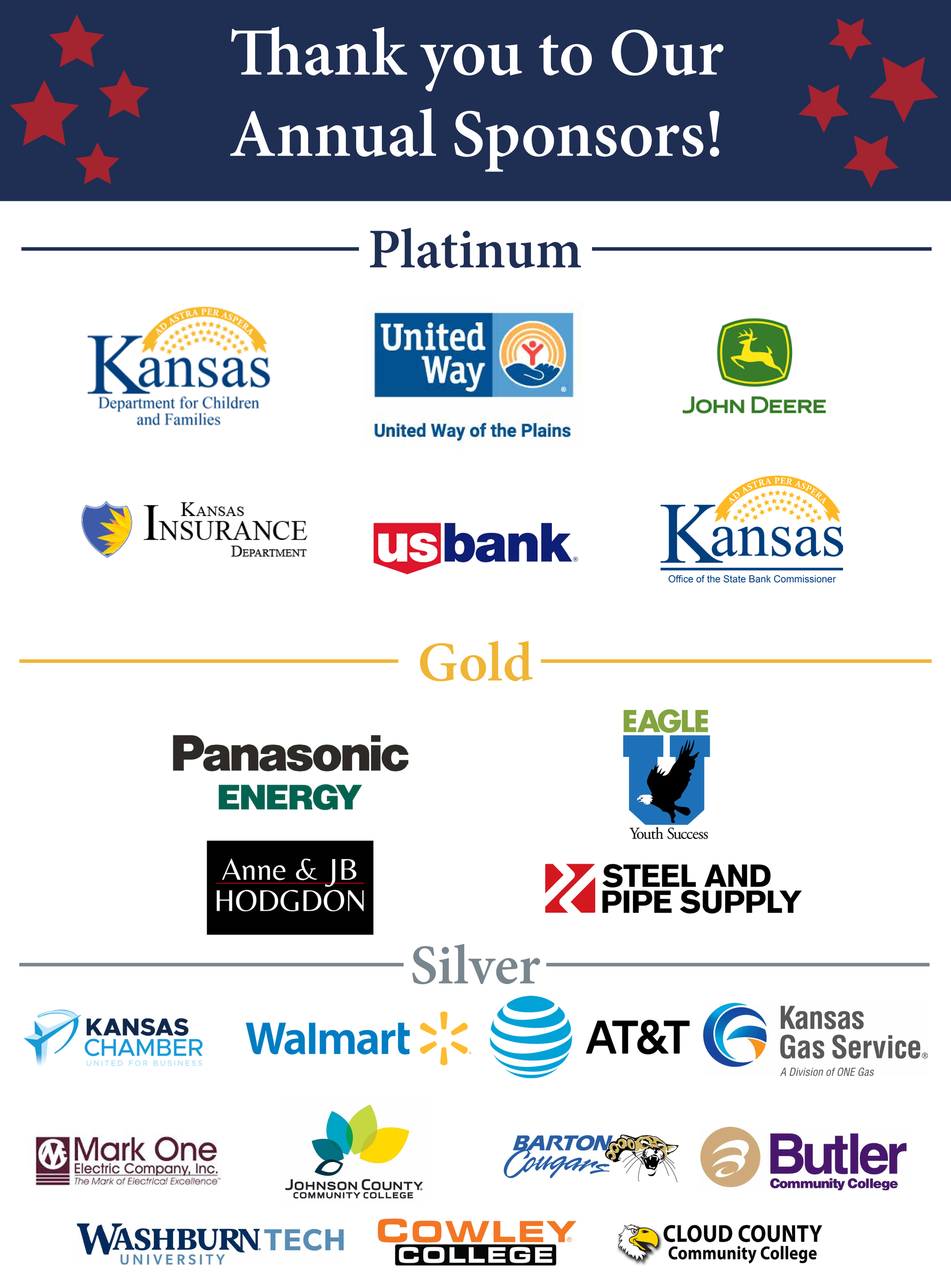 Annual Sponsors poster with platinum, gold, and silver sponsor logos on a blue-and-white background