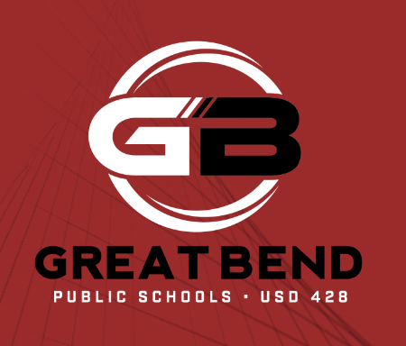 Great Bend Public Schools USD 428 logo on red background with white and black GB emblem