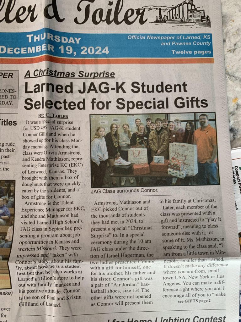 Newspaper front page with headline about Lared JAG-K student selected for special gifts.
