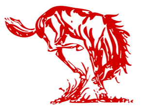 Red sketch of a horse head with flowing mane, head lowered in profile.