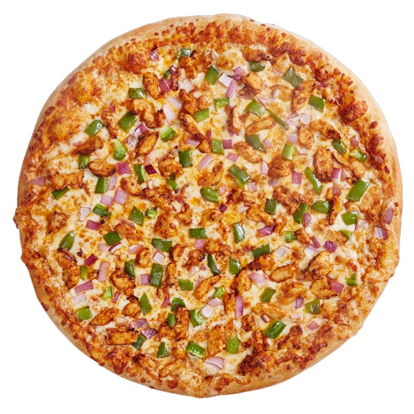 Vankrirk Grab A Pizza with chicken , peppers , onions and cheese on a white background.