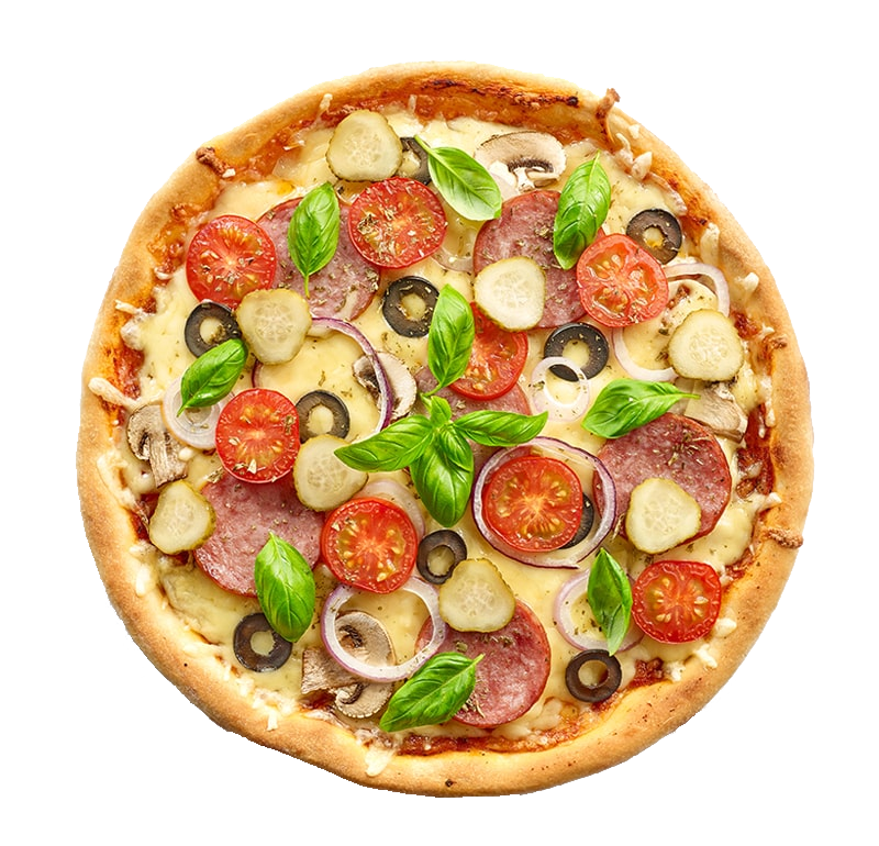 Vankrirk Grab A Pizza with tomatoes , olives , salami , onions and basil on a white background.