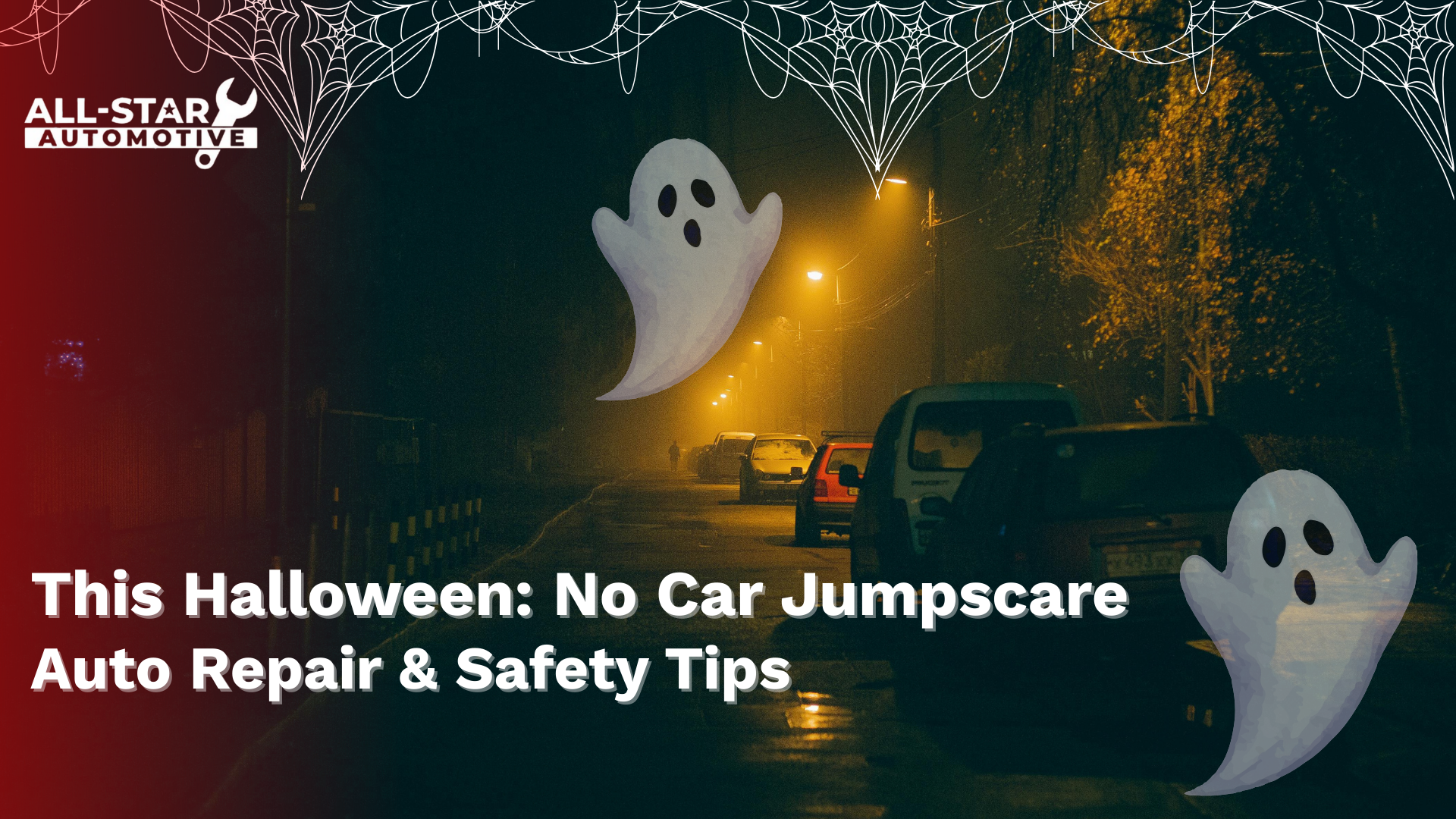 Spooky Halloween graphic with ghosts and spiderwebs