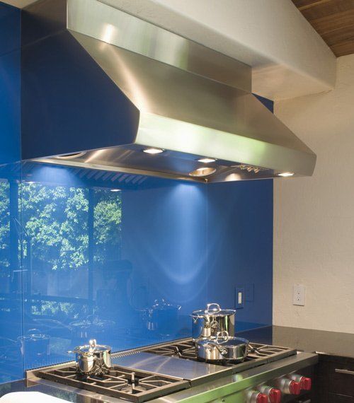 blue glass kitchen splashback