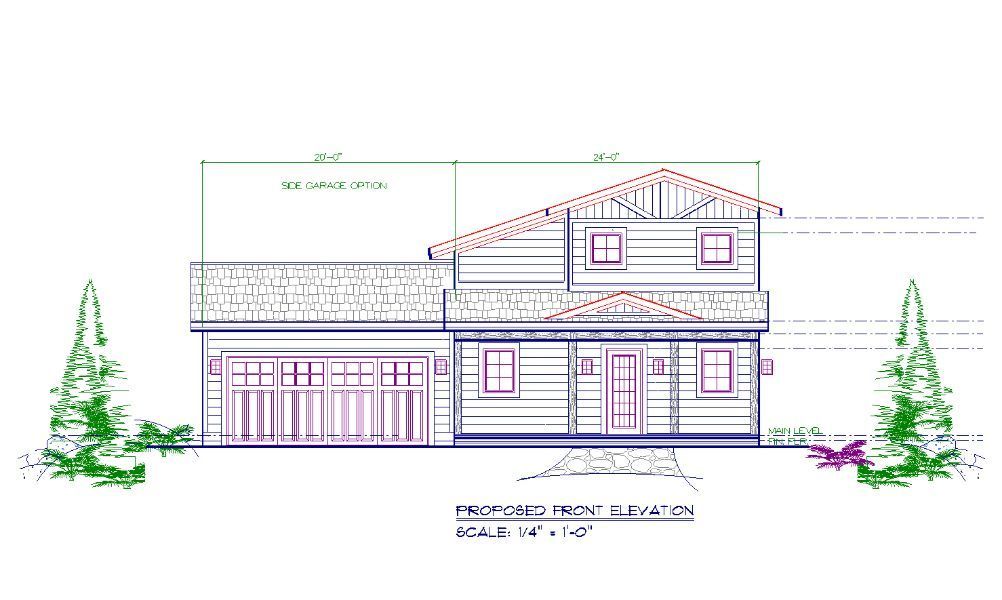 Architectural drawing: proposed two-story house with attached garage, dimensions labeled.