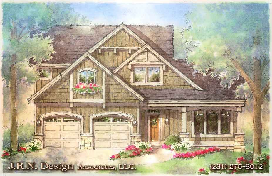 Watercolor rendering of a Craftsman-style house with a two-car garage, porch, and landscaping.