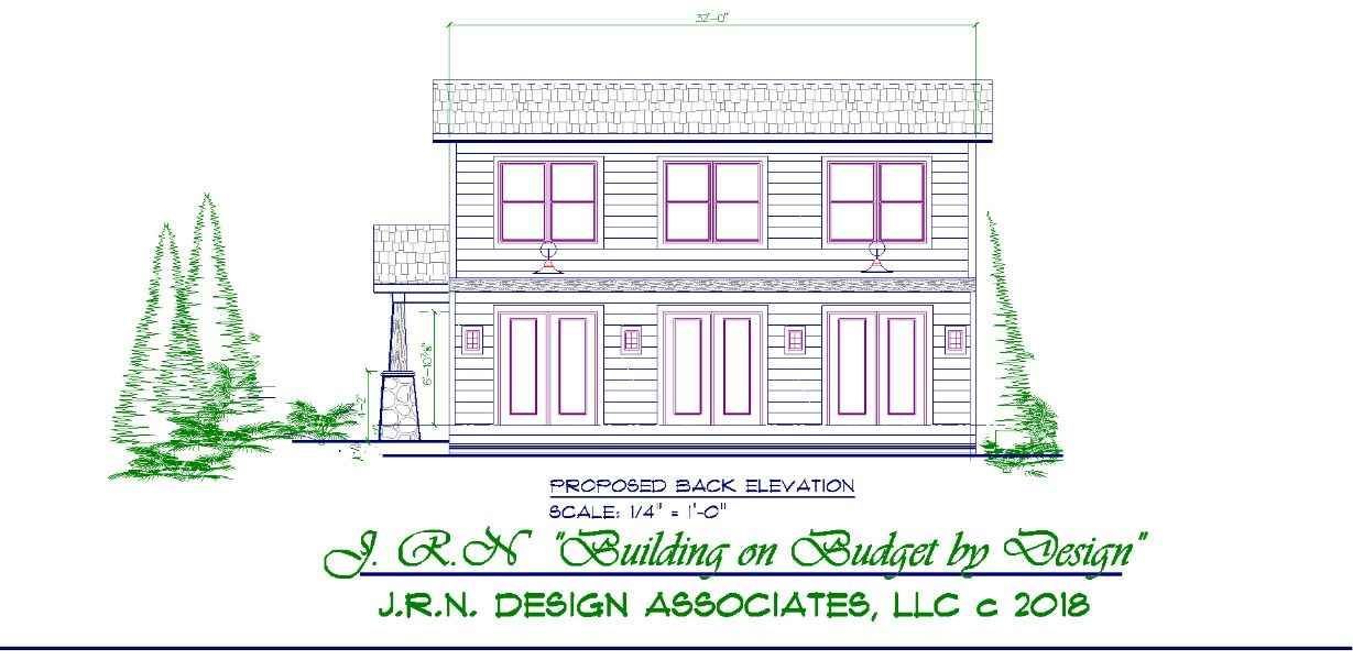 Architectural drawing of a two-story building with a flat roof. Includes trees and a balcony.