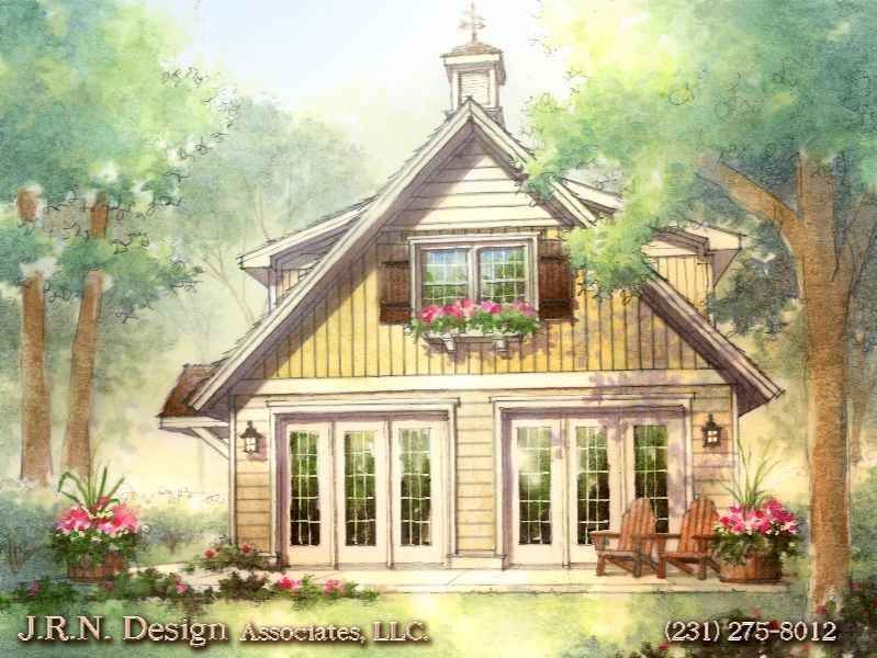 Watercolor rendering of a light yellow cottage with double doors, flower boxes, and a small cupola.