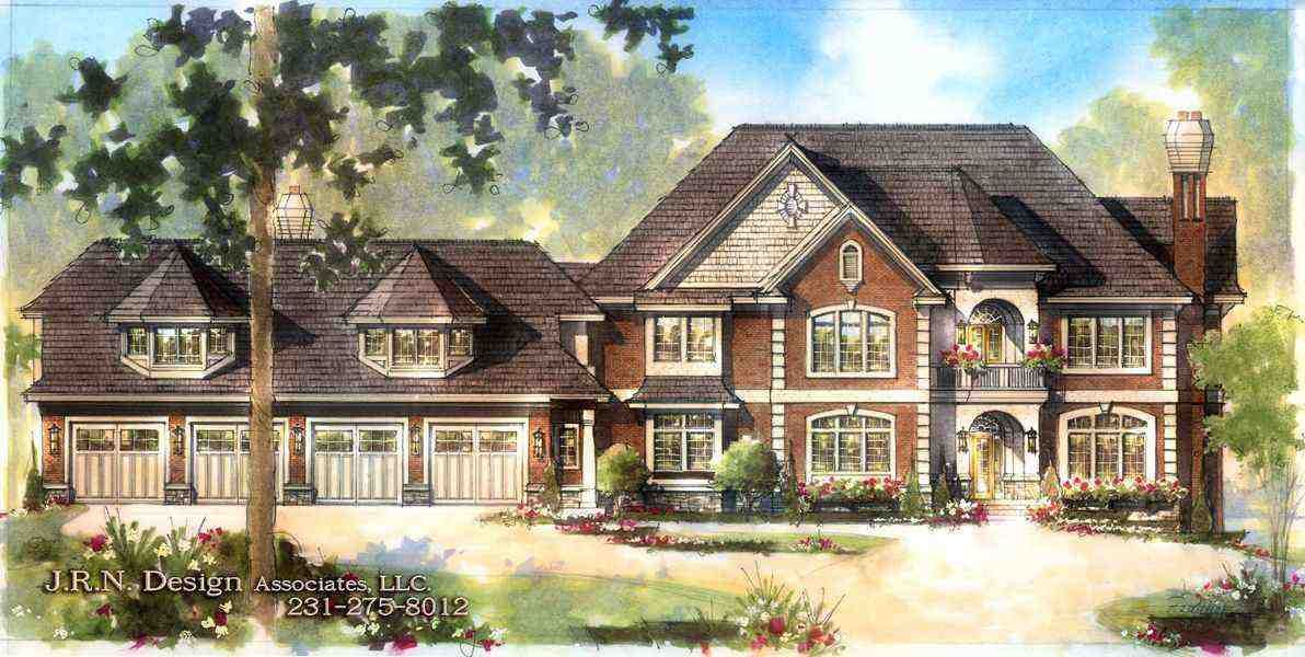 Watercolor rendering of a large brick house with a brown roof and a three-car garage in a landscaped setting.