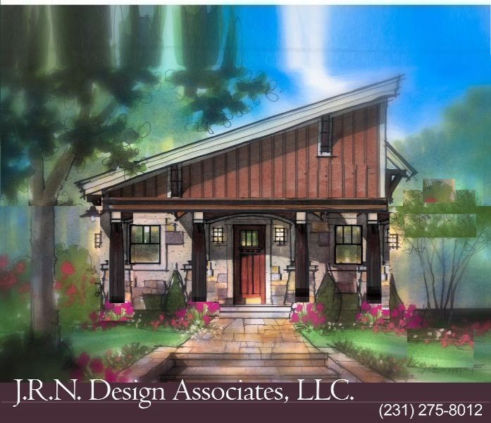 House design rendering with a sloped roof and a covered entrance.