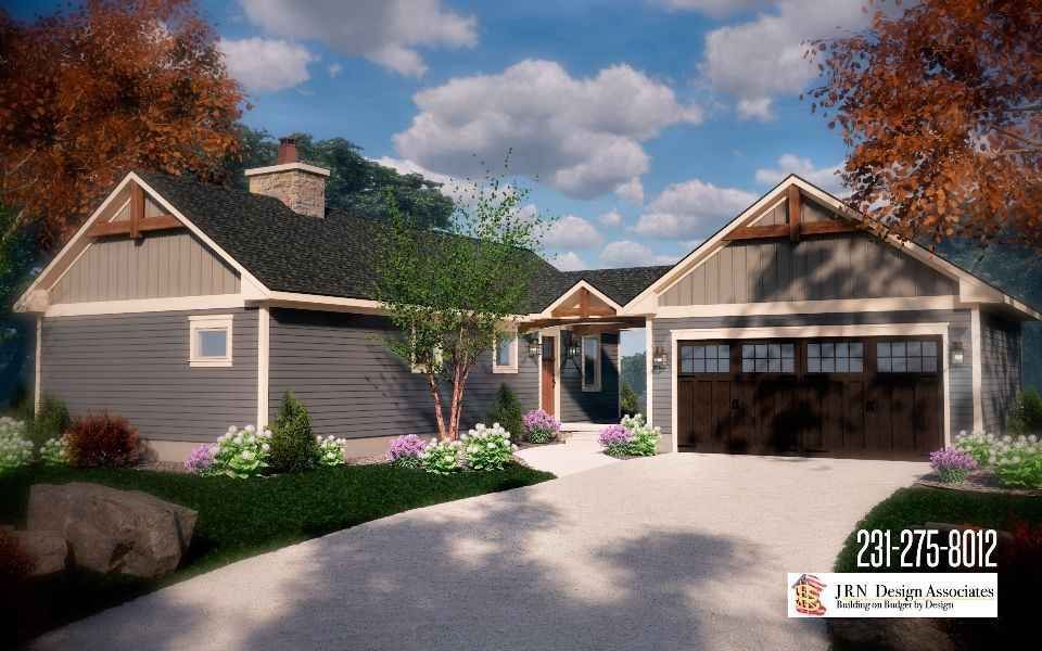 Curb appeal of a gray house with brown trim and two-car garage. Driveway, landscaping, and blue sky visible.