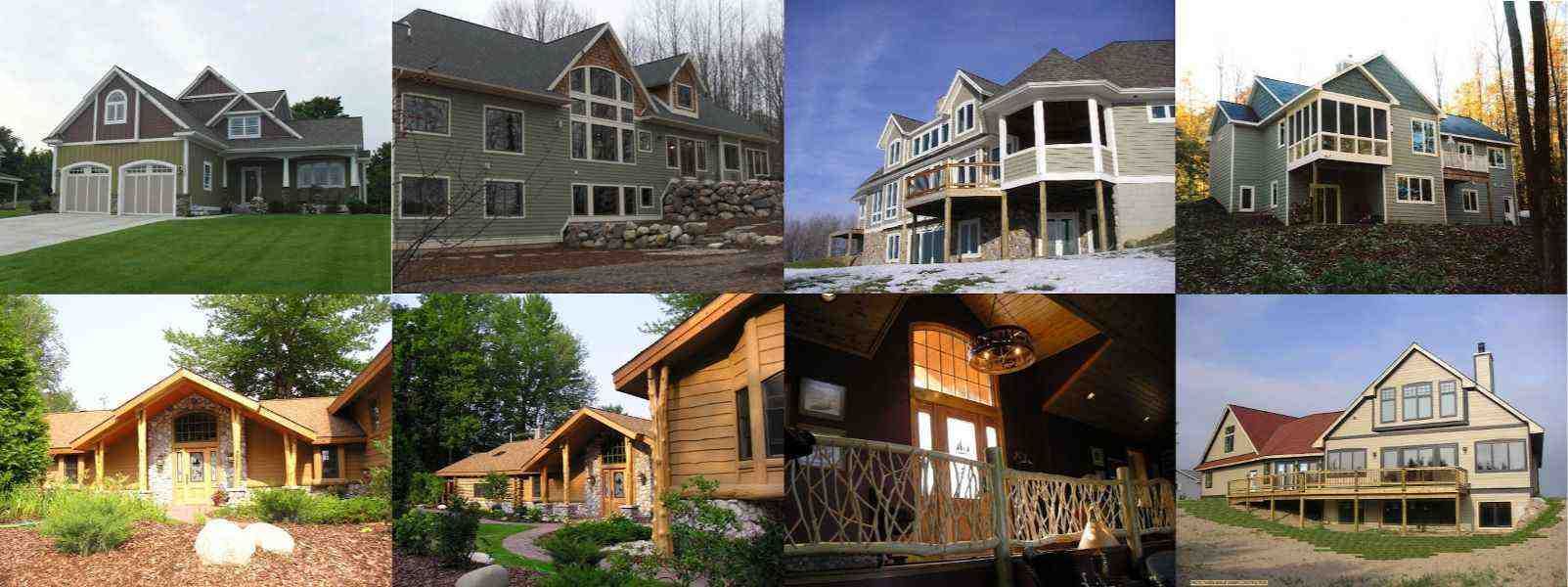 Eight houses of various architectural styles are shown, including some with multiple levels, and log cabins.