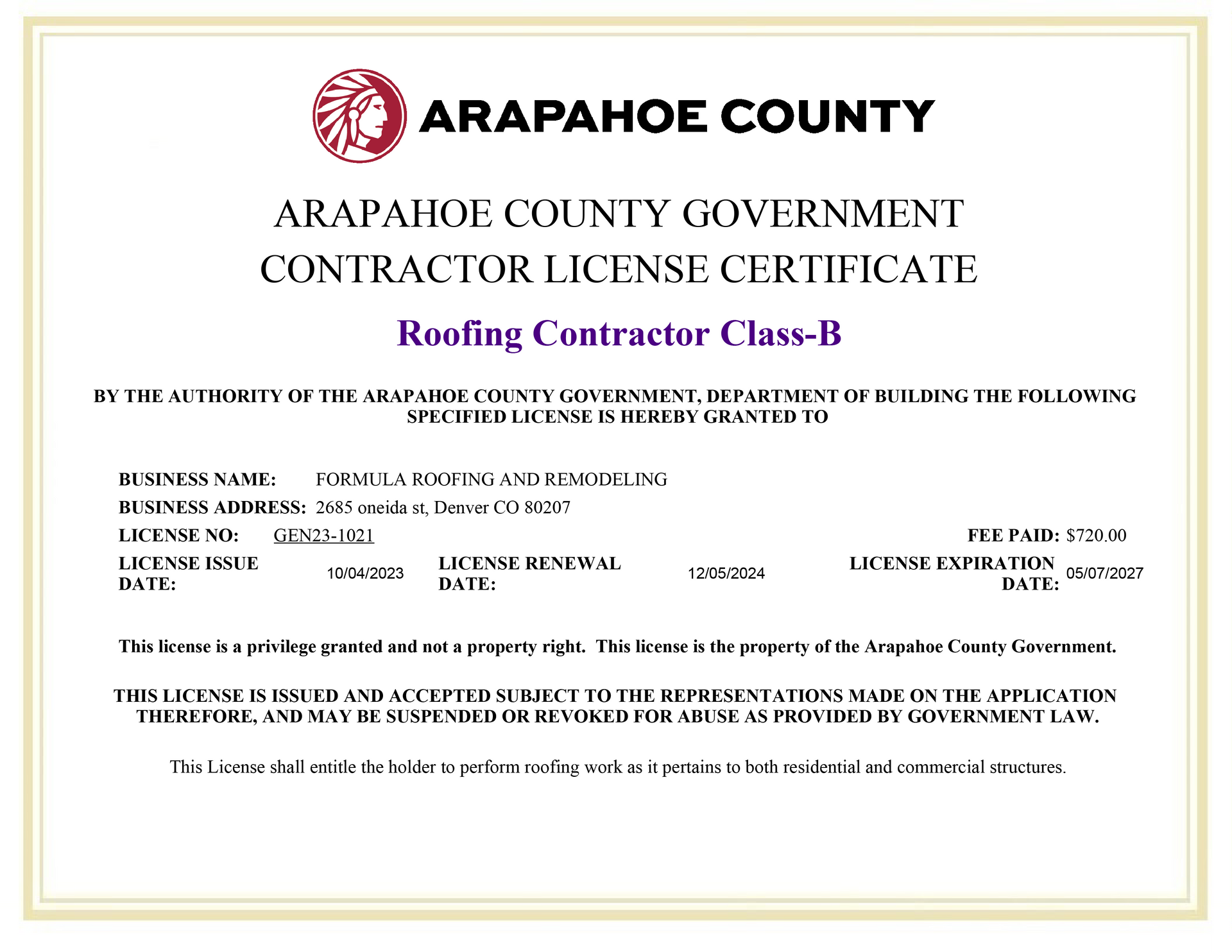 Arapahoe  bld Contractor Licensing Certificate