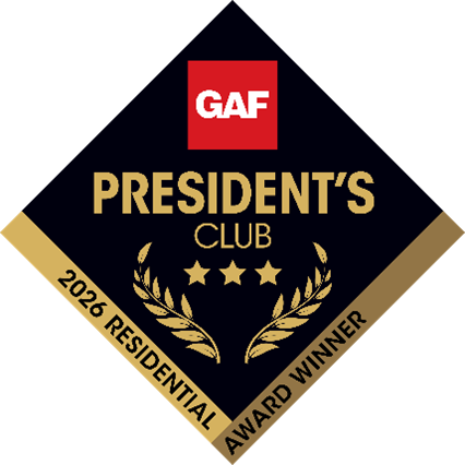 GAF President’s Club 3-Star Contractor badge awarded to a certified roofing contractor for excellence in roofing services