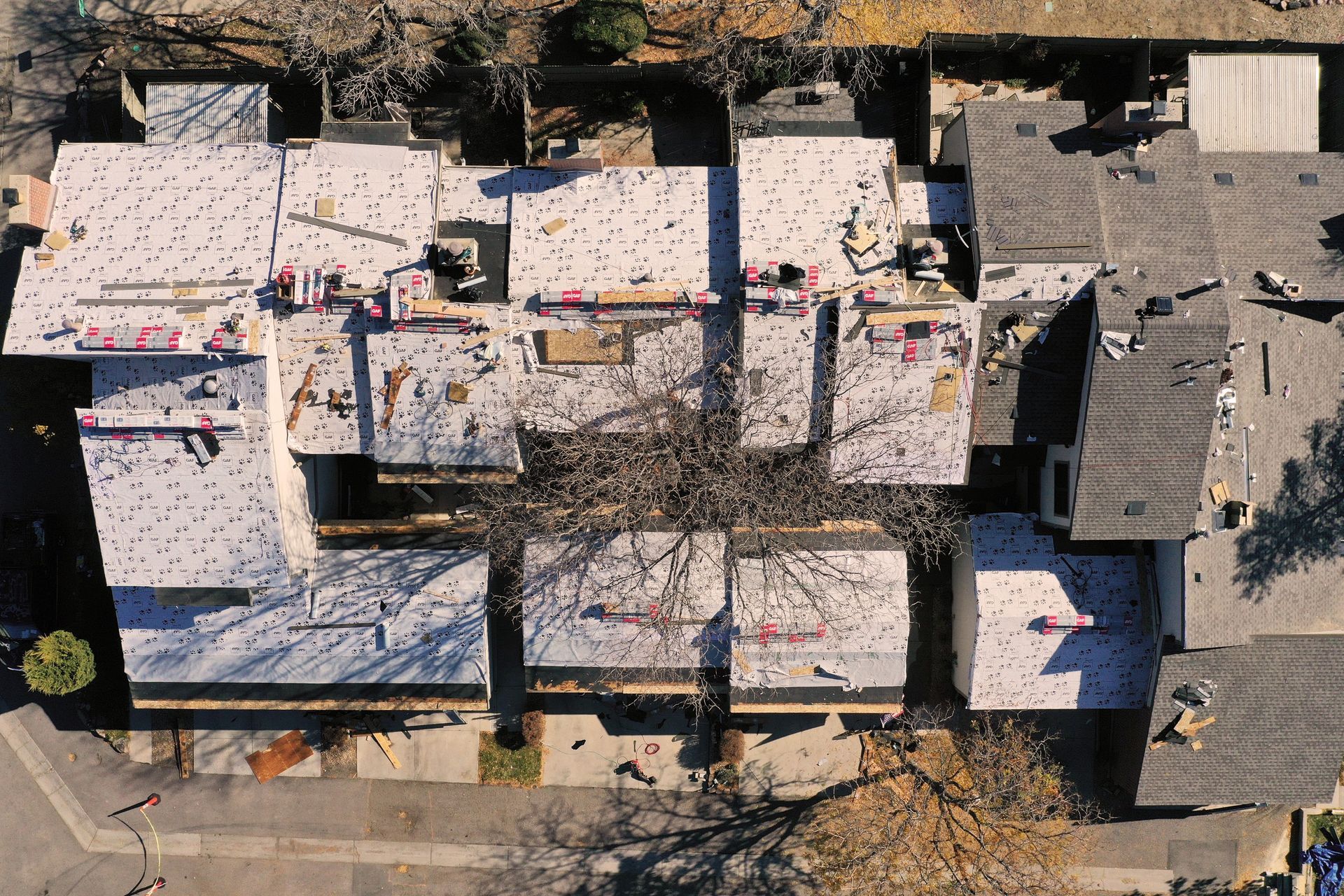 An aerial view of houses under construction