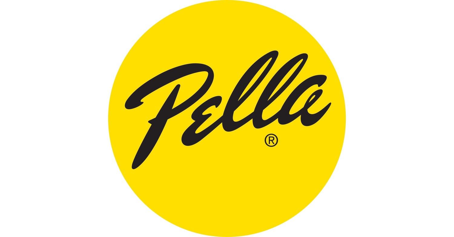 Yellow circle with black Pella logo text