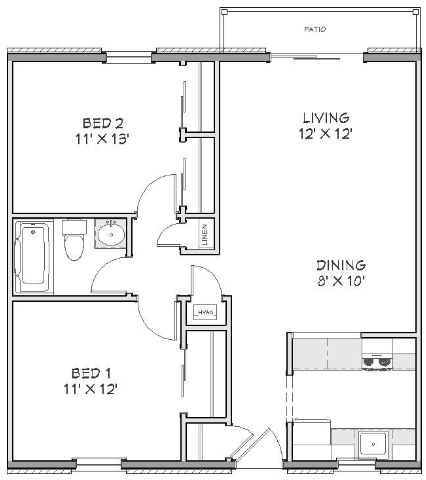 A black and white floor plan of a house with two bedrooms and a living room.