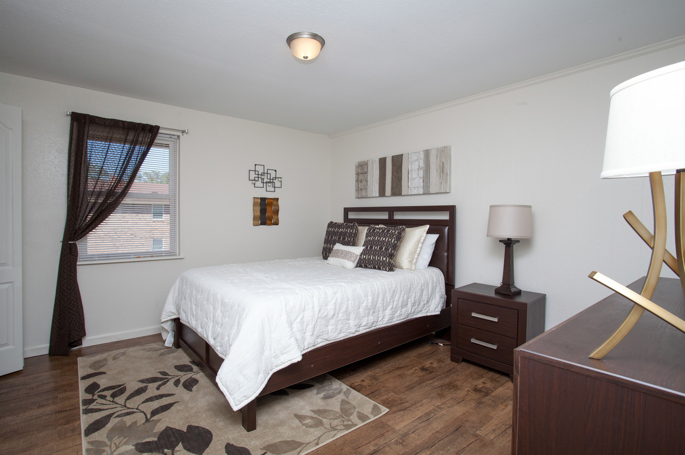 A bedroom with a bed , nightstand , lamp and rug.