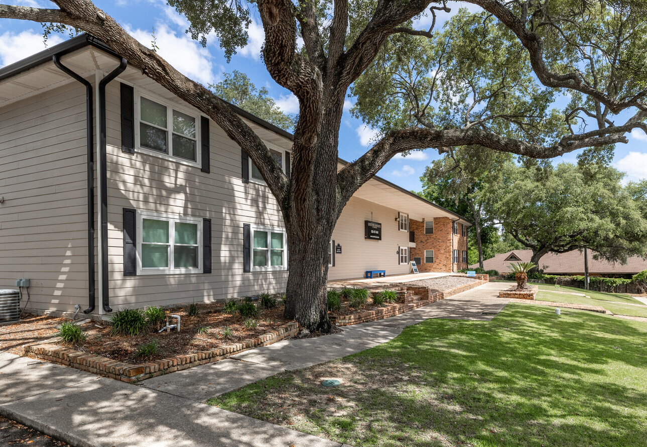 A white apartment building with a large tree in front of it.