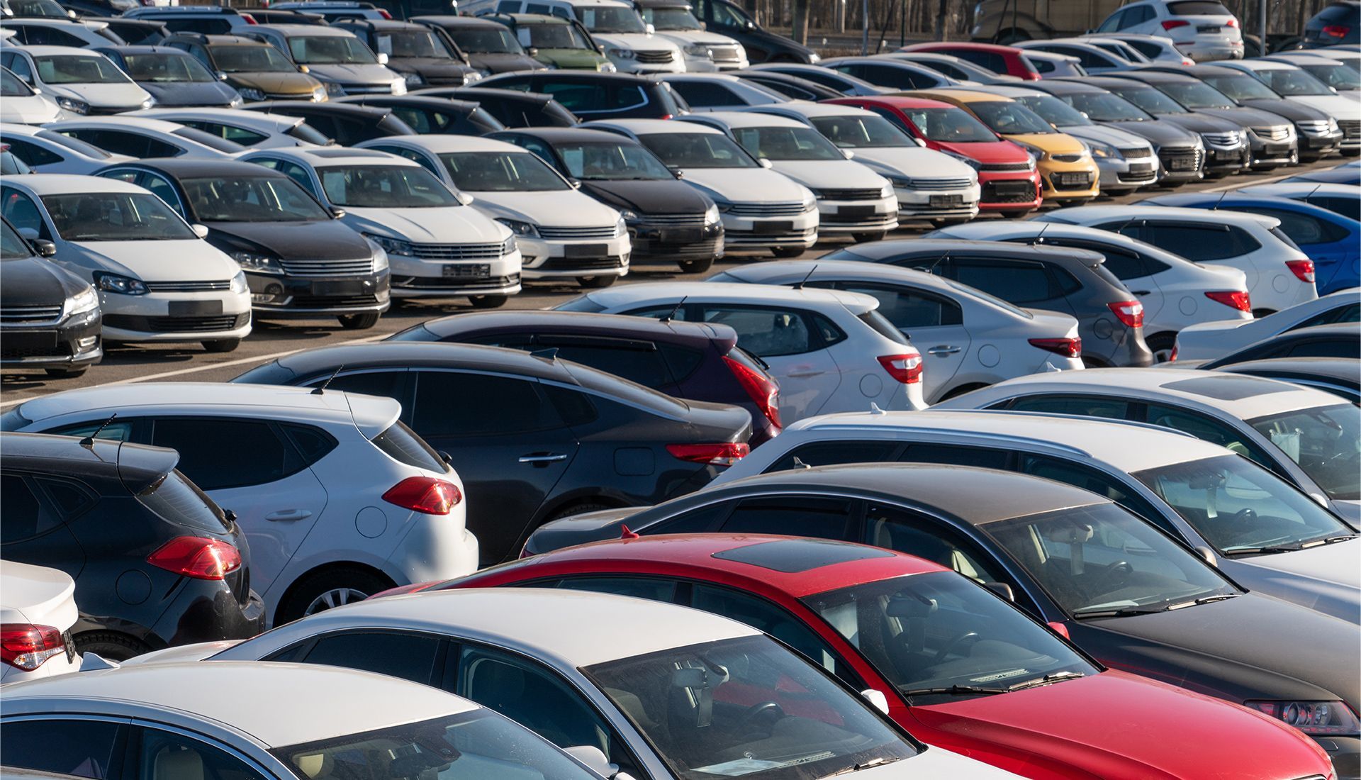 Rows of parked cars in a large lot, mostly sedans in various colors.