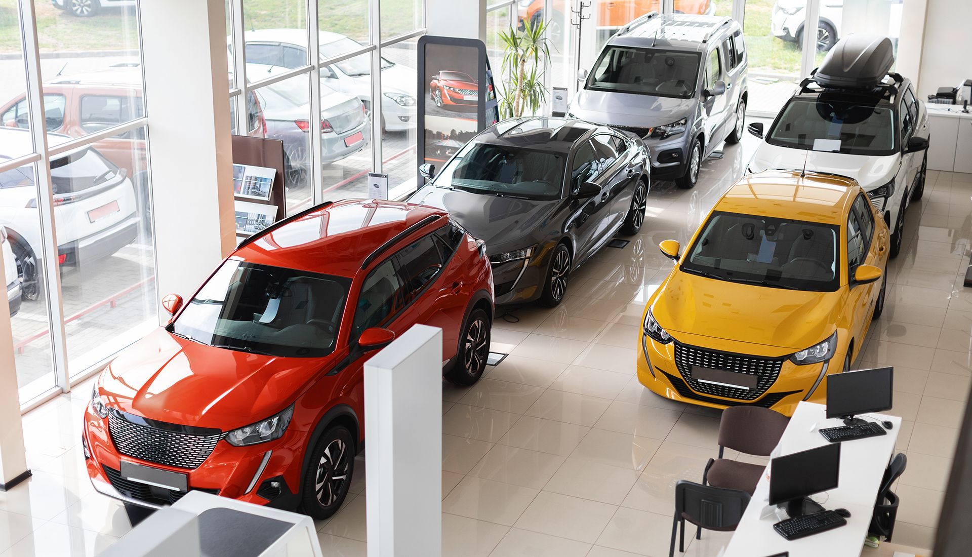 Cars displayed inside a bright car dealership. 
