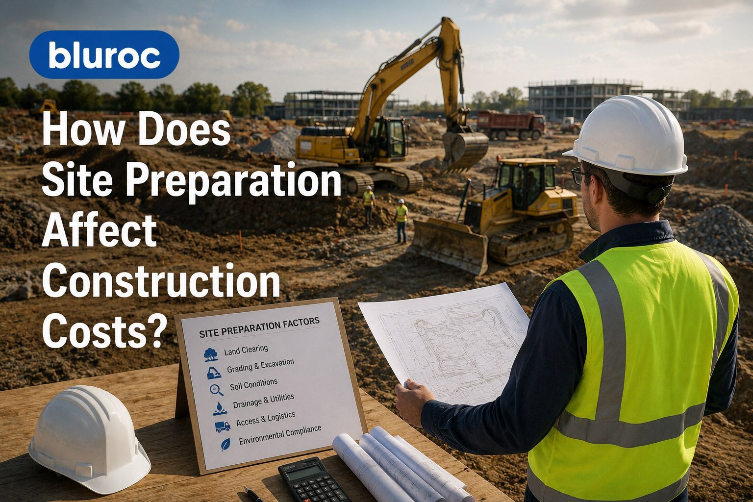 Engineer reviewing site prep at construction site with excavator; text asks how site preparation affects costs